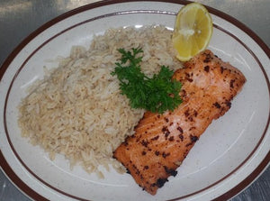 Fish Salmon From Grill - White Rice - Grill Zucchini - Tartar Sauce.