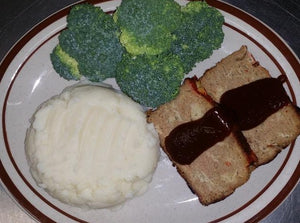 Meatloaf, Mashed Potato, Broccoli, Corn