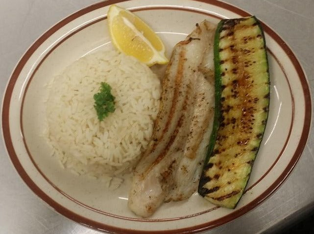 Fish White-Pollock, White Rice, Grilled Zucchini, Lemon