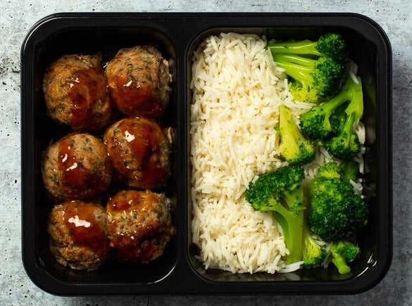 BBQ Meatballs, White Rice, Broccoli, Customize Size